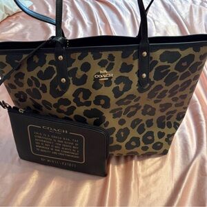 Coach Tan and Black Leopard Tote with Black Pouch